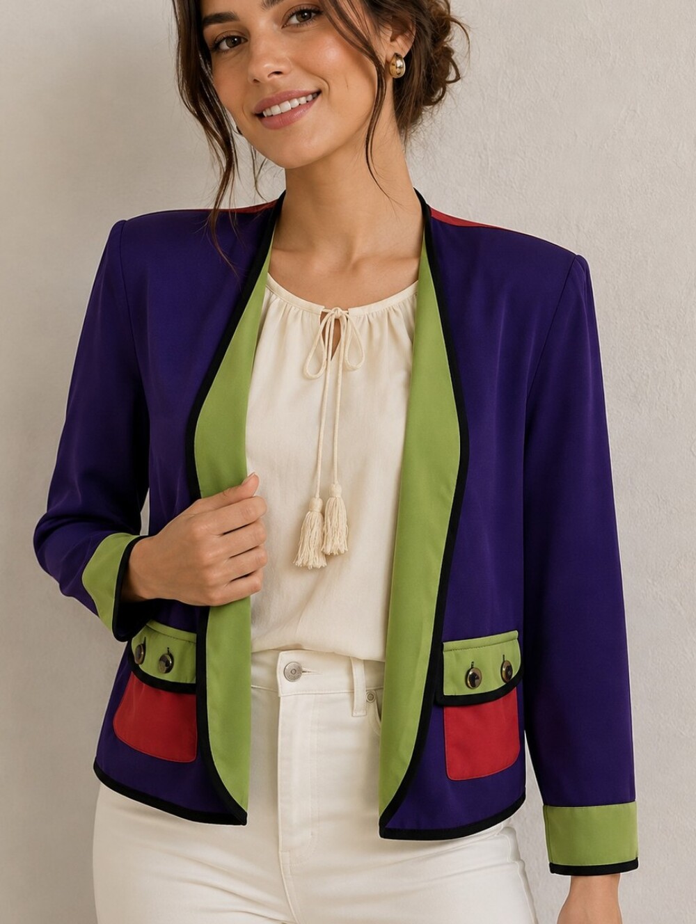 VTG LUCIA 1980s Colorful Long Sleeve Open Front Color Block Blazer